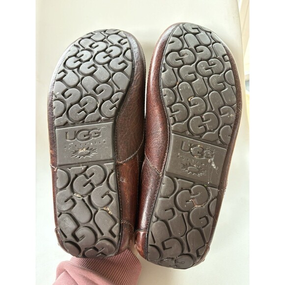 UGG ASCOT Mens Dark Brown Leather Lined Slippers Size 12 - Picture 5 of 6